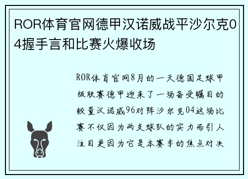ROR体育官网德甲汉诺威战平沙尔克04握手言和比赛火爆收场